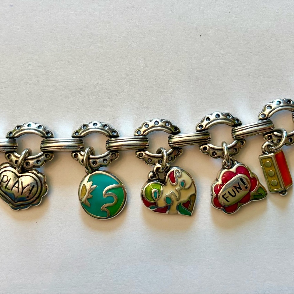 Brighton Silver Charm Bracelet w Colorful Accents w Love, Fun, Fish and Play.